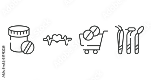 medicine and health outline icons set. thin line icons sheet included dentist drugs container, pulse line, phareutical delivery, dentist tools vector.