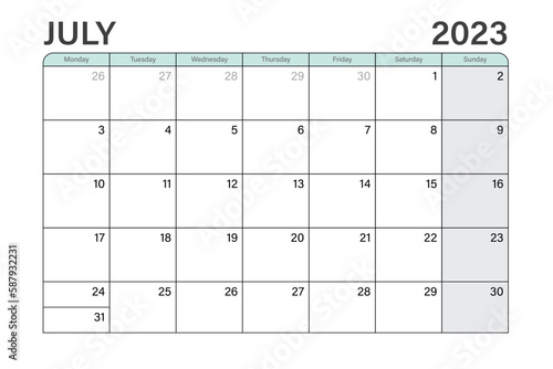 2023 July illustration vector desk calendar or planner weeks start on Monday in light green and gray theme