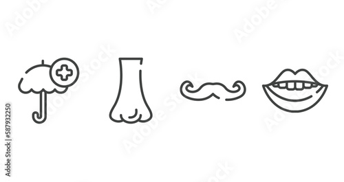 body parts outline icons set. thin line icons sheet included umbrella with plus, e, mustache curled tip, smiling mouth showing teeth vector.