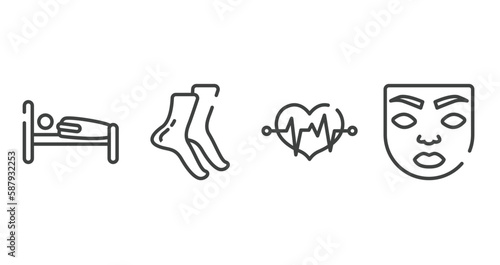 body parts outline icons set. thin line icons sheet included human sleeping on bed, tiptoe feet, lifeline in a heart, face of a woman vector.