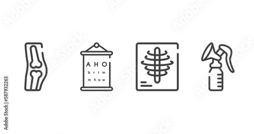 baby outline icons set. thin line icons sheet included orthopedics, sight check table, x rays, breast pump vector.