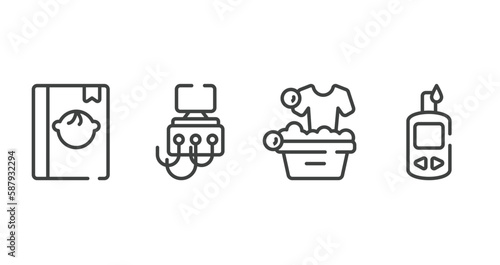 medical and health outline icons set. thin line icons sheet included baby book, dialysis, washing clothes, glucometer vector.
