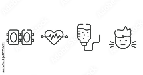 dentist outline icons set. thin line icons sheet included knee pad, cardiology, iv bag, sick boy vector.