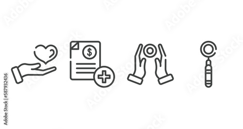 medical outline icons set. thin line icons sheet included medical care, medical invoice, reiki, mouth mirror vector.