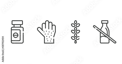 allergies outline icons set. thin line icons sheet included sleeping pills, rash, lupin, lactose intolerant vector.