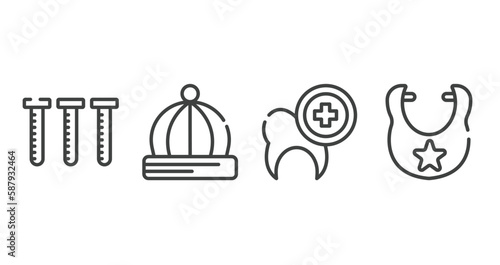 baby outline icons set. thin line icons sheet included blood sample, baby hat, dental care, bib vector.