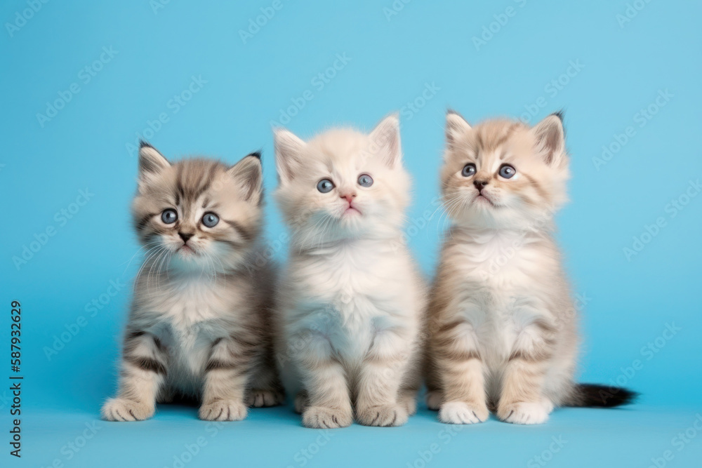Triple Cute White Kitten isolated on Blue Background. Generative AI Triple Cute White Kitten isolated on Blue Background. Generative AI