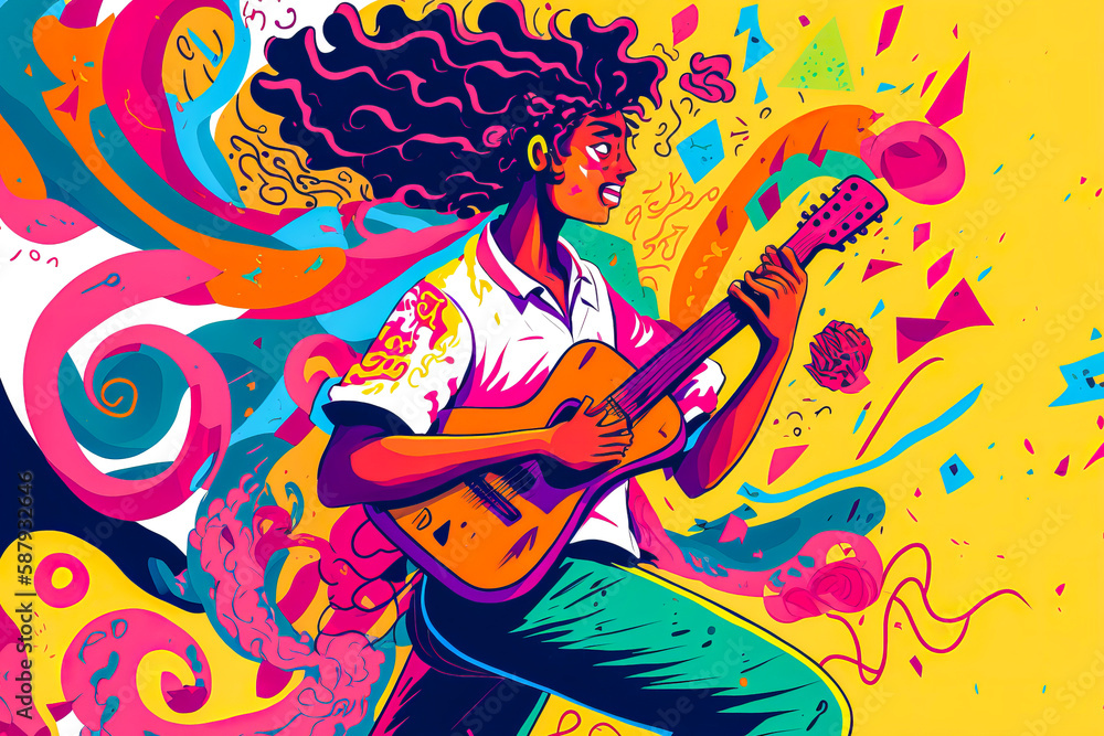 An illustration of a student engaging in extracurricular activities like music, using vibrant colors and an action-oriented, stylized realism to emphasize movement and atmosphere. Generative AI An illustration of a student engaging in extracurricular activities like music, using vibrant colors and an action-oriented, stylized realism to emphasize movement and atmosphere. Generative AI