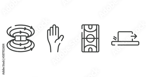 physics outline icons set. thin line icons sheet included magnetic field, raise hand, basketball court, friction vector.