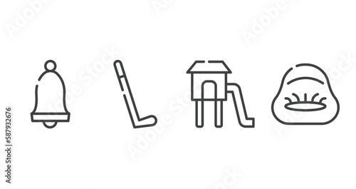 kindergarten outline icons set. thin line icons sheet included school alarm, hockey stick, children park, beanbag vector.