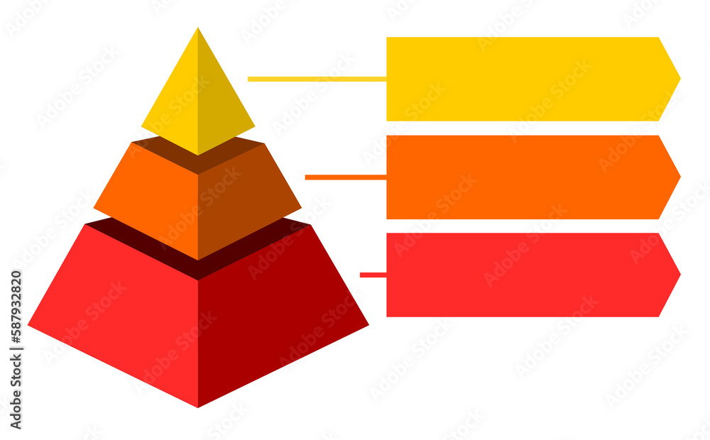 Infographic illustration of yellow and red triangles divided and cut into thirds and space for text, Pyramid shape made of three layers for presenting business ideas or disparity and statistical data - obrazy, fototapety, plakaty 