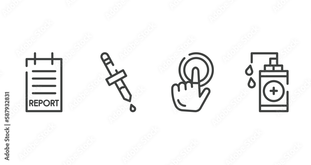 outline icons set. thin line icons sheet included report, pipette, touch, hand sanitizer vector. outline icons set. thin line icons sheet included report, pipette, touch, hand sanitizer vector.