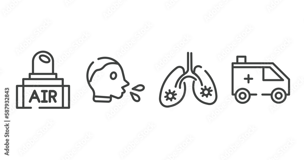 outline icons set. thin line icons sheet included air transmission, cover cough, infected lungs, ambulance vector. outline icons set. thin line icons sheet included air transmission, cover cough, infected lungs, ambulance vector.