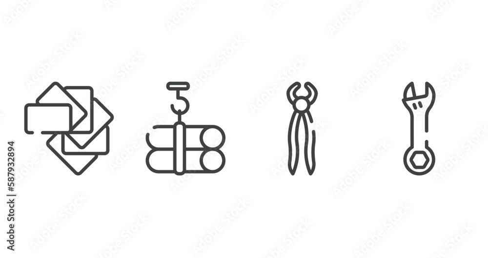 tools and hinery outline icons set. thin line icons sheet included color pack, tubes hook, nail puller, adjustable wrench vector. tools and hinery outline icons set. thin line icons sheet included color pack, tubes hook, nail puller, adjustable wrench vector.