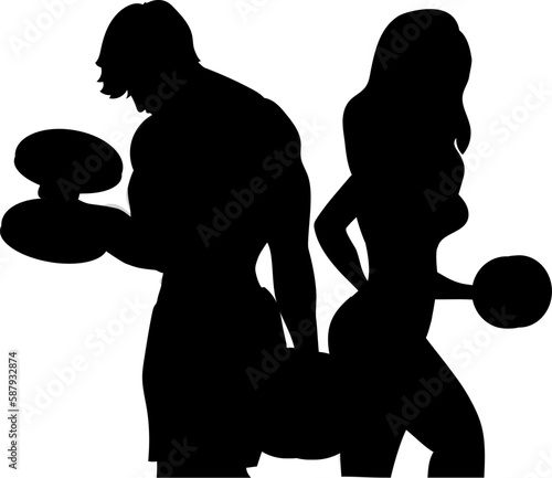A guy and a girl of an athletic build are training with dumbbells in the gym. Silhouette.