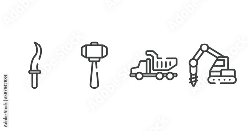 construction hinery outline icons set. thin line icons sheet included kirpan, big hammer, tipper truck, trucking vector.
