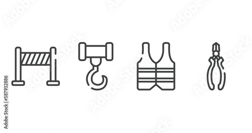 tools and hinery outline icons set. thin line icons sheet included road panel, crane hook, reflective vest, nippers vector.