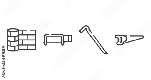 carpentry diy tools outline icons set. thin line icons sheet included linoleum, hacksaw with handle, crowbar, metal saw vector.