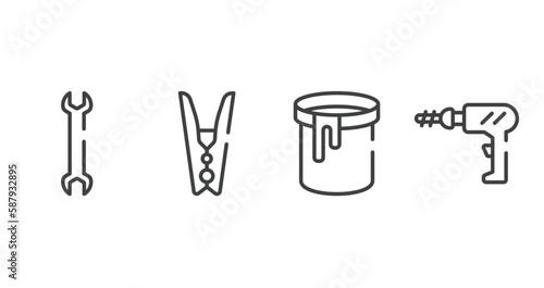 carpentry diy tools outline icons set. thin line icons sheet included big double wrench, clothespin, paint can open, perforator vector.