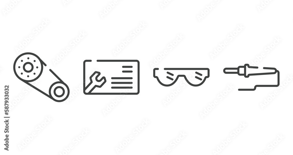 construction and tools outline icons set. thin line icons sheet included timing belt, business cards, eye protection, soldering vector. construction and tools outline icons set. thin line icons sheet included timing belt, business cards, eye protection, soldering vector.