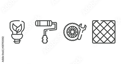 home repair outline icons set. thin line icons sheet included ecologic light bulb, painter roller, winter tires, tile vector.