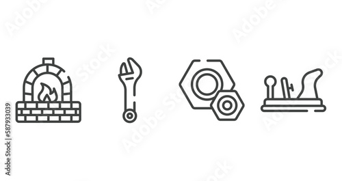 diy outline icons set. thin line icons sheet included kiln, spanner, knot, wood plane vector.