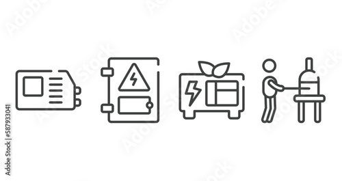 mining and crafting outline icons set. thin line icons sheet included welding hine, electrical panel, green power, glassblowing vector.