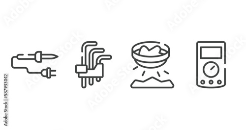electrician tools outline icons set. thin line icons sheet included soldering iron, hex key, panning, ammeter vector.
