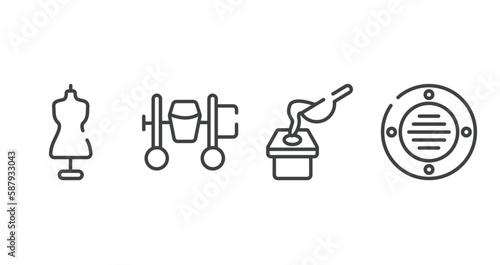 plumber outline icons set. thin line icons sheet included tailor, cement mixer, crucible, extractor vector.