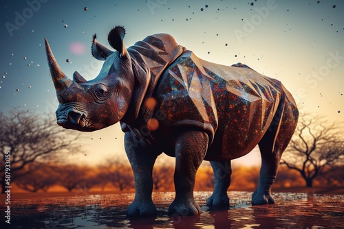 A powerful and fierce rhinoceros on the savanna. Generative AI © create