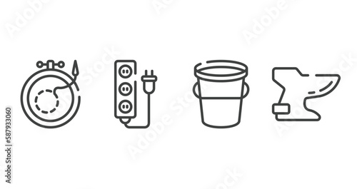 plumber outline icons set. thin line icons sheet included embroidery, extension cord, water bucket, bidet vector.