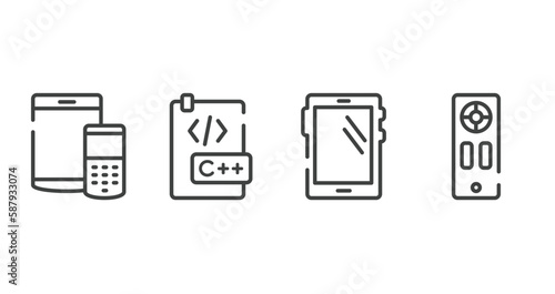 devices outline icons set. thin line icons sheet included tablet and cellphone, c document, big tablet, remote vector.