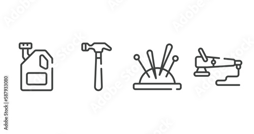 carpentry outline icons set. thin line icons sheet included engine oil, hammering, needle holder, polisher vector.