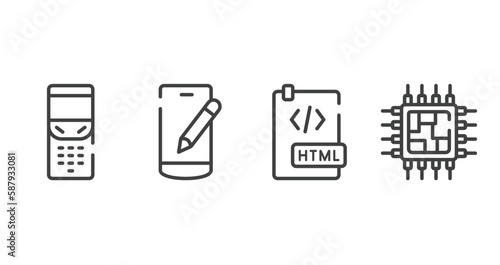 electronic devices fill outline icons set. thin line icons sheet included folding phone, edit smartphone, html document, cpu processor vector.