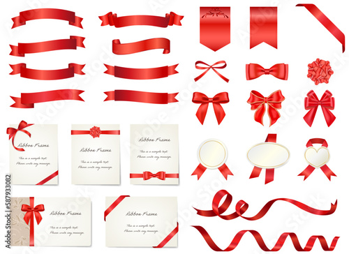 赤のリボンセット（見出し　フレーム　りぼん　バナー　タイトル　メッセージカード）