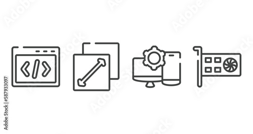responsive web outline icons set. thin line icons sheet included css code, fit screen, display tablet smartphone cogwheel, null vector.
