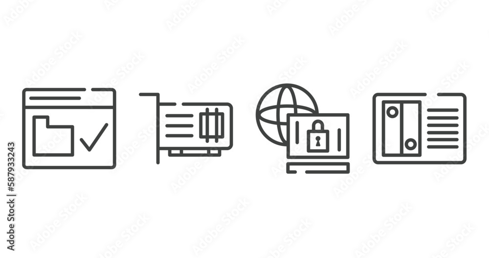 computer outline icons set. thin line icons sheet included web security, network interface card, remote access, nas vector. computer outline icons set. thin line icons sheet included web security, network interface card, remote access, nas vector.