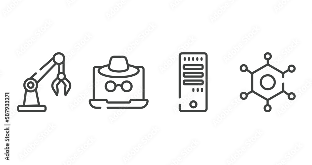 artificial intelligence outline icons set. thin line icons sheet included robotic arm, fraud, computer tower, nanotechnology vector. artificial intelligence outline icons set. thin line icons sheet included robotic arm, fraud, computer tower, nanotechnology vector.