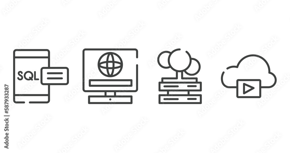 computer technology outline icons set. thin line icons sheet included sql, online service, cloud servers, storage media vector.