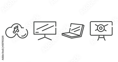 computer and media outline icons set. thin line icons sheet included music on cloud, flatscreen tv, laptop in perspective, computer virus vector.