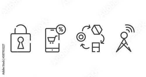 hardware outline icons set. thin line icons sheet included security breach, mobile shop, transformation, cellular vector.