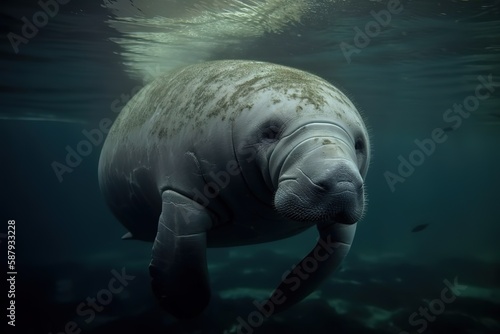 A curious and friendly Manatee swimming in the ocean - This Manatee is swimming in the ocean, showing off its curious and friendly nature. Generative AI
