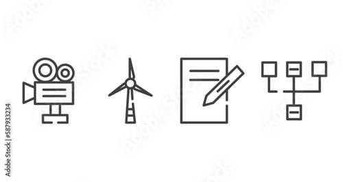 web design outline icons set. thin line icons sheet included video production, wind turbine, text editor, sitemap vector.