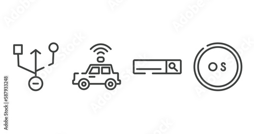 computer outline icons set. thin line icons sheet included universal serial usb connector, self driving, search bar, operating system vector.