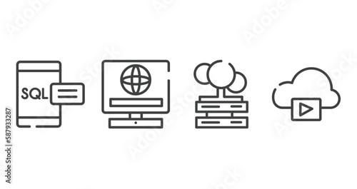 computer technology outline icons set. thin line icons sheet included sql, online service, cloud servers, storage media vector.
