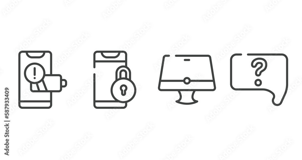 talking outline icons set. thin line icons sheet included phone with low battery, phone locked, monitor, question speech bubble vector. talking outline icons set. thin line icons sheet included phone with low battery, phone locked, monitor, question speech bubble vector.