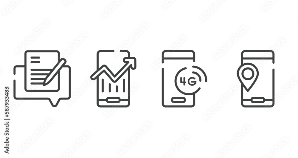 mobile phones outline icons set. thin line icons sheet included edit document, mobile analytics, 4g technology, vector. mobile phones outline icons set. thin line icons sheet included edit document, mobile analytics, 4g technology, vector.