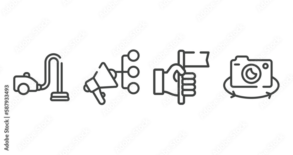 electronic device outline icons set. thin line icons sheet included vacuum, promote, accomplishment, rotate camera vector.