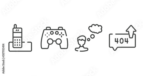 talking outline icons set. thin line icons sheet included long distance phone, ps4 gamepad, man thinking, error sending message vector.