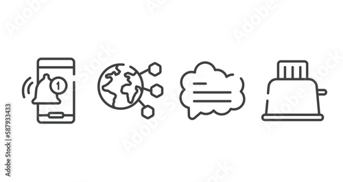 internet of things outline icons set. thin line icons sheet included bell interface, planet earth, bubble speech, toaster vector.